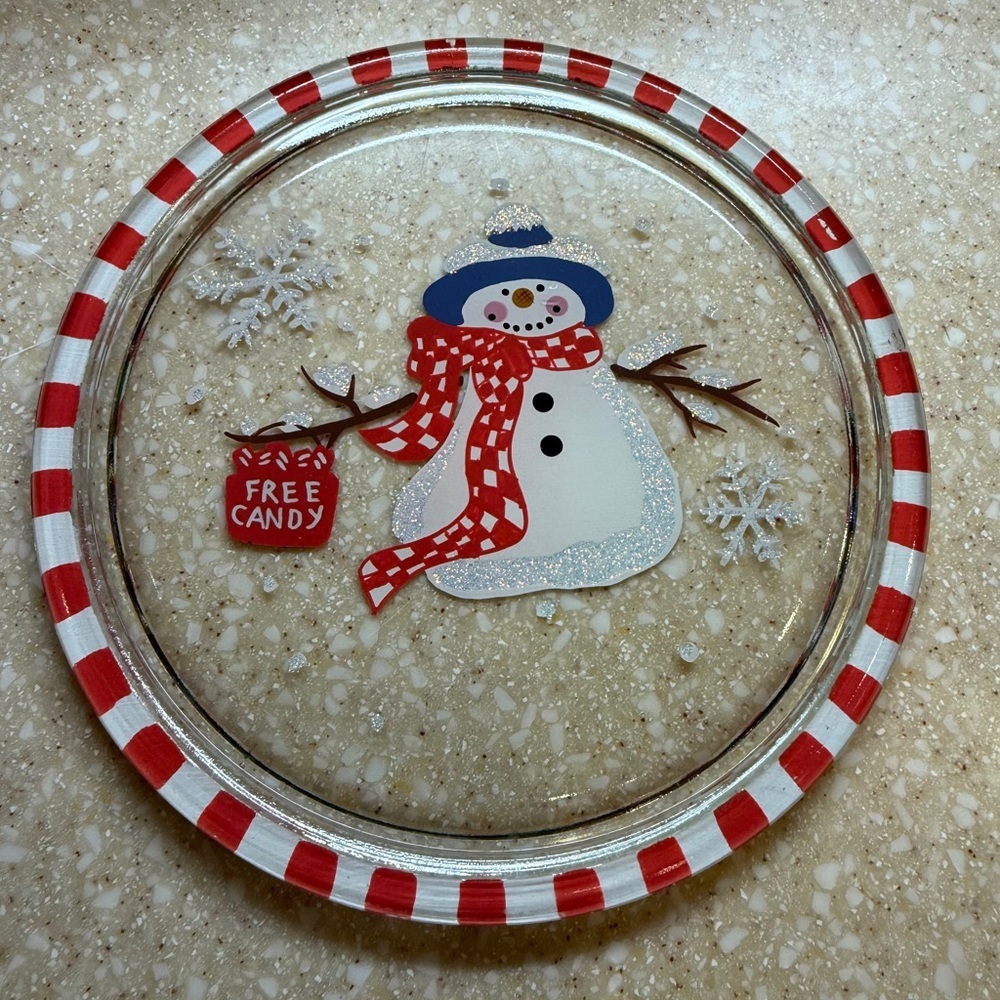 Hallmark Festive Christmas Reverse Painted Snowman Snowflake Holiday Plate 7”